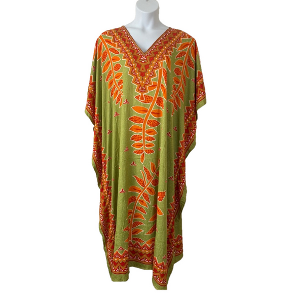 Santee Dresses & Skirts - Sante Vibrant Green and Orange Floral V Neckline MuMu Kaftan SKU1102